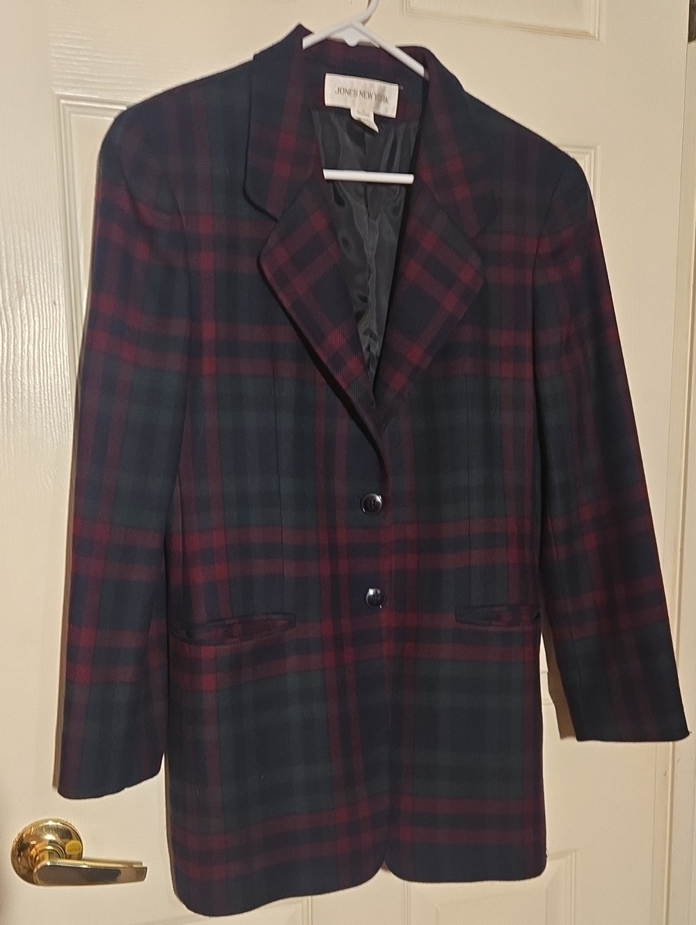 Jones New York 100% WOOL Womens Dark Green & Burgundy Plaid Blazer - SIZE 8